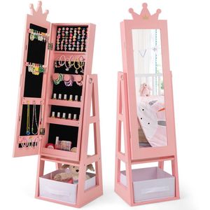 COSTWAY - Sieradenkast - Roze - 3-in-1 Spiegelkast - Sieradenorganizer voor Kinderen