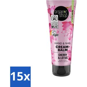 15 x Organic Shop - Hand & Nail Cream - Cherry & Lotus - Verzorgend en Hydraterend - 75 ml - Handcrème - Nagelcrème - Handen Verzorgen - Nagels Versterken - Biologische Handcrème