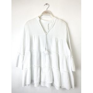 Katoenen blouse met volants - uitlopende mouwen - ronde hals - WIT kleur - Maat 38/40