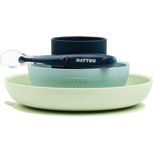Nattou Siliconen 4-delig Servies voor Kinderen - Bord + Kom + Beker + Lepel - Antislip - BPA-vrij - Groen / Blauw