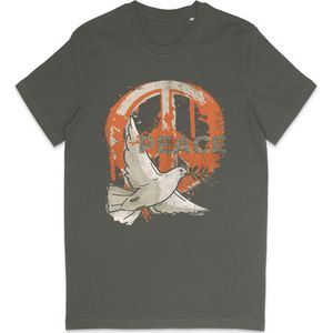 Heren en Dames T Shirt - Vredesduif Print Peace - Khaki Groen - Maat XXL