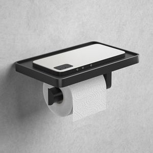 Framehack Toiletrolhouder met Plankje Zelfklevend zonder boren- WC Rolhouder - Toiletrolhouder Zwart - Planchet Badkamer Zwart - Opbergplankje