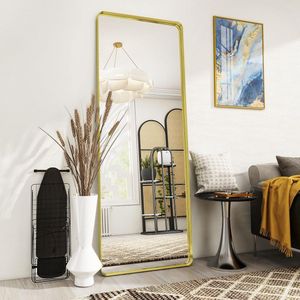 Diep frame, staande spiegel, 163 x 53 cm, luxe ronde hoeken, vloerspiegel met robuust nano-glas, aan de muur gemonteerde full-body spiegel horizontaal of verticaal gehangen, goud