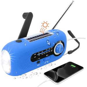 Draagbare noodradio - 2000mAh Zonnesolar dynamo, IPX3 waterdicht, AM/FM, LED zaklamp, SOS-alarm, kleine radio, Geschikt voor nood situaties (Bleu)