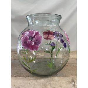 Handbeschilderde design bol vaas met klaprozen op glas