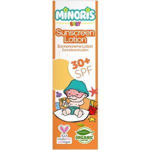 Minoris Baby Zonnebrandlotion SPF 30+ | Biologisch, Natuurlijk & Minerale Inhoud | Zonnebescherming voor Gevoelige Huid | Hypoallergeen, Vegan, Rifvriendelijk, Waterbestendig, Breedspectrum, Dermatologisch Getest - 150 ml