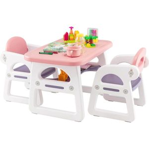 3-delige kinderzitgroep, kindertafel met 2 stoelen, bureauset met opbergvak voor lezen, tekenen, schrijven & knutselen, kindermeubels voor binnen met plank voor 1-5 jaar (roze & paars)