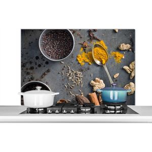 Spatscherm keuken 100x65 cm - Kookplaat achterwand Kruiden op grijze achtergrond - Muurbeschermer - Spatwand fornuis - Hoogwaardig aluminium