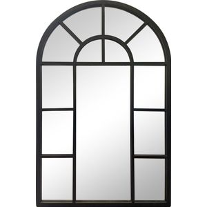 LW Collection wandspiegel zwart halfrond 61x97 cm metaal - grote spiegel muur - industrieel - woonkamer gang - tuinspiegel - tuin spiegel - badkamerspiegel vakjes - halfronde muurspiegel