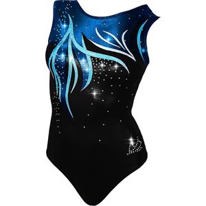 Fairysports Turnpakje River maat 98-104 meisjes gympakje donkerblauw lichtblauw zwart met zilveren steentjes