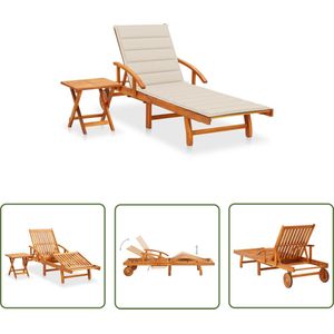 The Living Store Massief Acaciahouten Ligbed - Verstelbaar - Inclusief Tafel - Kussen - Beige - 200 x 67 x 30/51/62/77/85 cm Ligbed - Lounge Bed - Acacia Hout - Tuinset - Buitendecoratie - Terras Meubilair - Zonnige Dagen - Relaxen