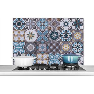 Spatscherm keuken 100x65 cm - Kookplaat achterwand Bloemen - Patronen - Blauw - Bruin - Muurbeschermer - Spatwand fornuis - Hoogwaardig aluminium
