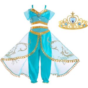 Jasmine jurk Kostuum Arabische prinsessen jurk 146-152 (150)  met kroon verkleedjurk verkleedkleding
