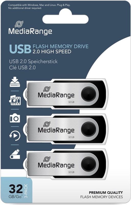 MediaRange - USB 2.0 - 32GB - Pack van 3 - Zwart
