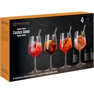 Nachtmann 8-delige cocktail spritz set, 4 cocktailglazen + 4 rietjes, kristalglas, helder, 105438