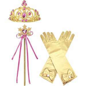 Het Betere Merk - Prinsessen Speelgoed - Prinses Kroon (Tiara) - Toverstaf - Prinsessen Handschoenen - Voor bij je Verkleedkleding - Fuchsia - Goud