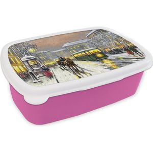 Broodtrommel Roze - Lunchbox - Brooddoos - Schilderij - Olieverf - Winter - Tram - Paard - 18x12x6 cm - Kinderen - Meisje