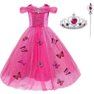 Het Betere Merk - Prinsessenjurk meisje - Roze vlinders - Verkleedkleren meisje - Maat 146/152 (150) - Toverstaf - Kroon - Tiara - Roze jurk - Fuchsia - Carnavalskleding kinderen
