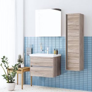 Jena Badkamermeubel Set 65 cm Duitse Eik - Onderkast MDF Softclose Greeploos 2 lades met Keramische Wastafel 1 kraangat en Badkamerspiegel met Led-verlichting