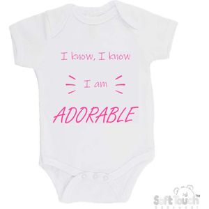 100% katoenen Romper ""I know, I know I am ADORABLE"" Meisjes Katoen Wit/roze Maat 62/68