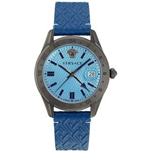 Versace Greca Time GMT VE7C00423 Horloge - Leer - Blauw - Ø 41 mm