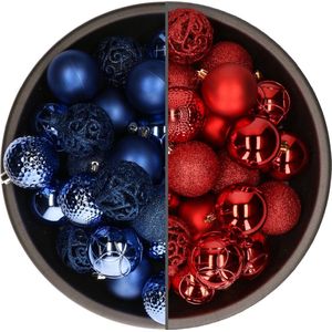 74x stuks kunststof kerstballen mix van rood en kobalt blauw 6 cm - Kerstversiering