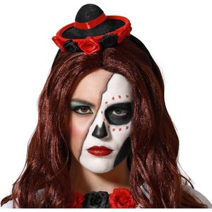 Atosa Verkleed diadeem mini hoedje - zwart/rood - meisjes/dames - Mexicaanse Sombrero thema