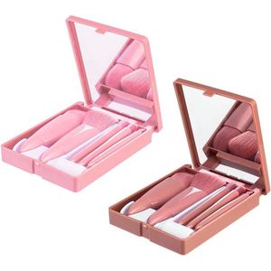 Draagbare Make-up Kwasten Set: 5 stuks Bruin en 5 stuks Roze Inclusief Spiegeldoos - Professionele Foundation Rode Make-up Kwasten - Geschikt voor Reizen, Dagelijks Gebruik, Toneelmake-up
