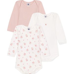 Petit Bateau Setje met 3 katoenen babybody's met lange mouw en bloemenprint Meisjes Rompertje - Maat 62