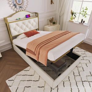 Gestoffeerd Eenpersoonsbed met Bedlade - 90 x 200 cm - Fluweel Beige - Bedframe met Lattenbodem