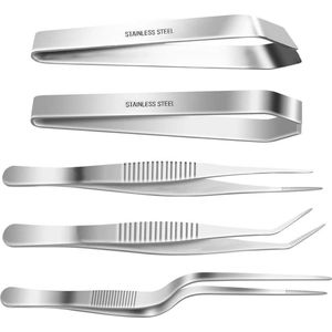 Set van 5 keukenpincetten, roestvrij staal, bottentang voor vis, kookpincet, botten, platte en schuine tang, vispincet, roestvrij voor koken, zeevruchten, gevogelte (zilver)