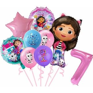 Gabby's Poppenhuis - 7 Jaar - Ballonnenset- 9 Stuks - Gabby's Dolhouse - Feestversiering - Kinderfeestje - Verjaardagsfeestje - Helium ballon - Roze / Paarse / Blauwe Ballon