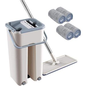 Lazy 2-in-1-mop-emmer set herbruikbaar | vrije handwas platte microvezel mop head | 360° dweilmop voor nat reinigen en droog | telescoopstang van staal | EA