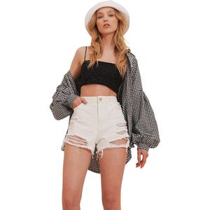 Trend Alaçatı Stili Witte Naadloze Damesdenimshort Met Vijf Zakken En Hoge Taille Met Vervaagd Effect Alc-X5960