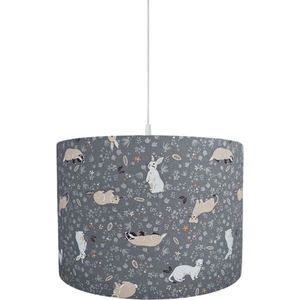 BINK Bedding Hanglamp/Lampenkap Bunny 30cm inclusief pendel - bosdieren - konijn - bever - hermelijn - das - bloemen - beige -grijs - zand - wit - kinderkamer verlichting - babykamer - decoratie