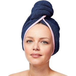 Haartulband van 100% biologisch katoen, tulband handdoek met knoop, dames en heren, marineblauw/roze