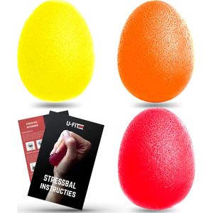 U Fit One 3 Delige Stressbal Set met Handleiding - Stressballen - Fidget - Handtrainer - Handknijper - Knijphalter - Onderarm Trainer - Grijper - Hand & Grip trainer - RSI - Pols - Fitness