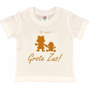 Shirt Aankondiging zwangerschap Ik word grote zus! 2.0 | korte mouw | wit/tan | maat 110/116 zwangerschap aankondiging bekendmaking Baby big sis sister