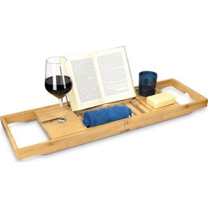 Navaris uitschuifbare badplank van bamboe - Houten badplank verstelbaar van 70-104 cm - Met plek voor boek en wijnglas - Bamboe