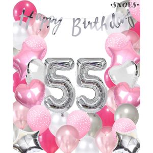 Snoes Ballonnen 55 Jaar Pink Blush Silver Mega Ballon - Compleet Feestpakket 55 Jaar - Verjaardag Versiering Slinger Happy Birthday – Folieballon – Latex Ballonnen - Helium Ballonnen - Zilver en Roze Verjaardag Decoratie