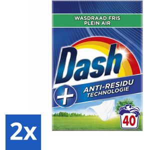 Dash - Waspoeder - Witte en Gekleurde Was - Wasdraad Fris - 40 Wasbeurten - Voordeelverpakking - 2 stuks