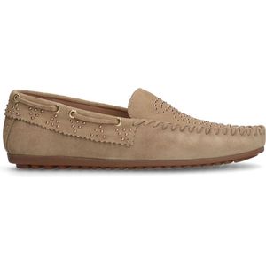 Manfield - Dames - Beige suède loafers met goudkleurige studs - Maat 38