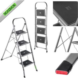 Vouwladder Staal - Trapladder met Draagvermogen tot 150 kg, Klapbeveiliging en Antislip Treden (4 Treden)