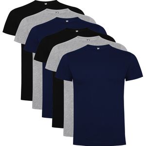 6 Pack Roly Dogo Premium Heren T-Shirt 100% katoen Ronde hals Zwart, Lichtgrijs gemeleerd, Donker Blauw Maat S
