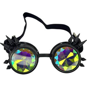 Zwarte Goggles met spikes met opbergzakje - Steampunk bril zwart met handig opbergzakje - zwarte festival bril - Goggles Steampunk Bril Met Spikes - Zwarte Space bril met caleidoscoop glazen - Zwarte bril