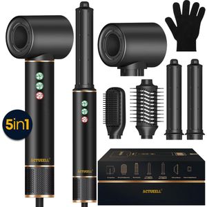Actueell®Pro Airstyler krultang 5 in 1 Multistyler Föhn - 1400 Watt Haarstyler - Hairwrap Föhnborstel - Haardroger - Stijlborstel en Krulborstel – Warmteborstel – Thermal Brush- Heteluchtborstel – Haarfohn - Warmte handschoen - Zwart