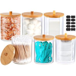 Acryl Qtip-houders en Wattenschijfjes Organizer Set - 6 Stuks met Bamboedeksels