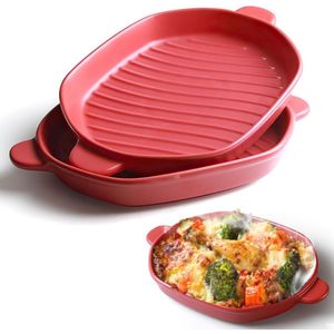 Braadpan, lasagneschaal 26 x 18 cm, ovenschaal met handvat, ideaal voor 2 personen, ovenschaal, ideaal voor oven, keramiek, ovenschaal, lasagne, ovenschaal, verpakking van 2 (rood)