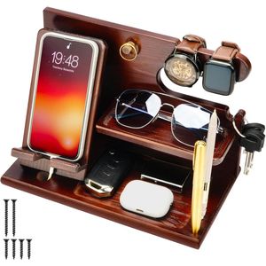 TRANKIELO® – Houten Telefoon Docking Station in Donkerbruin – Nachtkast Organizer – Houder voor Telefoon, Portemonnee, Horloge, Sleutels & Gadgets – Stijlvol Cadeau voor Mannen