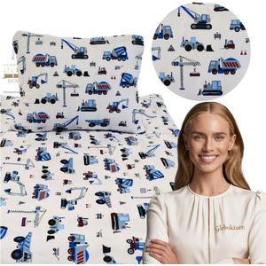 Kinderbeddengoed 120x160 cm met graafmachines - Blauw op Wit